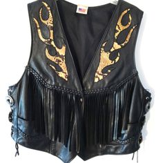 Gorgeous Handmade In The U.S.A. High Quality Black Leather Vest With Fringe And Snakeskin Flame Inlays On Front And Back. Has Silver Conch On Each Side. Can Also Be Adjusted On Sides If Needed. Excellent Condition, Looks Brand New!! Size Large. * I Am Also Selling Matching Chaps, Sold Separately. Black Leather Vest, Western Leather, Leather Vest, Custom Leather, Conch, Snake Skin, Black And Brown, Black Leather, Jackets & Coats