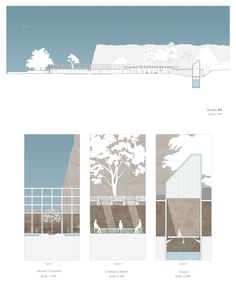 four different views of the same building with trees and people walking on it, one in front