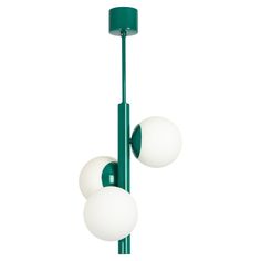 three white balls are hanging from a green metal pole with two lights on each end