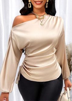 Color:Champagne;Size:XL;Size:XXL;Package Contents:1 X Blouse;Occasion:Other;Style:Casual; Asymmetrical Sleeve Top, Dressy Blouses For Women Classy, Design For Tops For Women, Tops For Trousers Women, Fashion Blouses For Women, Fitted Blouses For Women, Girly Fashion Style, Unique Tops For Women Classy, Shirt Style Tops For Women