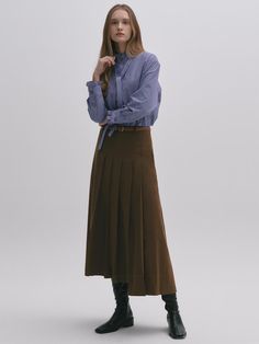 Composition : Mixed Wool Twill Spandex (BR,DN)/ BR,DN: Wool 18% polyester 56% rayon 24% polyurethane 2%Color : BROWNCountry of Origin : Republic of Korea Brown Pleated Midi Skirt For Work, Elegant Brown Pleated Skirt For Work, Brown Long Pleated Skirt For Work, Brown Pleated Skirt For Work, Fall Business Casual Pleated Skirt, Brown Pleated Skirt For Winter Workwear, Blue Office Skirt For Fall, Fitted Brown Pleated Skirt For Fall, Brown Skirt Outfit