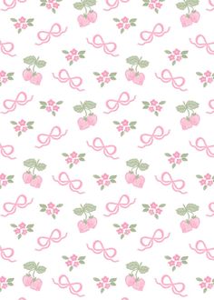 a white background with pink flowers and green leaves on the bottom right corner is an image of a bow, ribbon, and two cherries