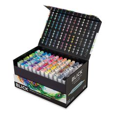 a display case filled with lots of different colored markers