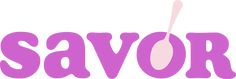 the word savor written in pink with a spoon sticking out of it's side