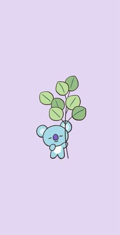 a blue teddy bear holding onto a green leafy plant on a purple background,