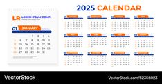 a calendar for the upcoming year with orange and blue colors, on a white background