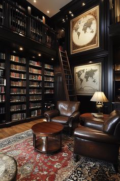 a living room filled with lots of furniture and bookshelves full of bookcases