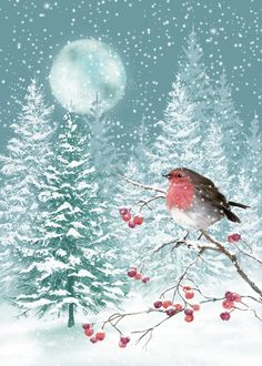 a bird is sitting on a branch with berries in the foreground and a full moon in the background