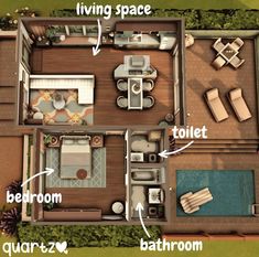 an overhead view of a living room, bathroom and bedroom in the same floor plan