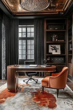 an elegant office with black walls and wood paneling, leather chairs and a large wooden desk