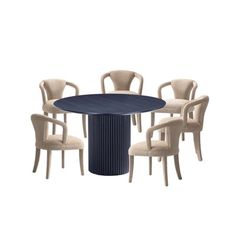 a table with six chairs around it and a round dining table in the middle, on an isolated white background