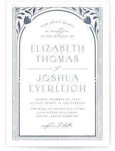 a wedding card with an ornate frame on the front and bottom, in blue ink