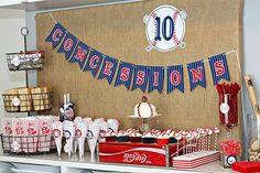 a baseball themed birthday party with red, white and blue decorations