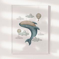 a painting of a dolphin with hot air balloons in the sky above it and clouds behind it