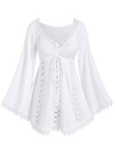 PRICES MAY VARY. Featurel--Renaissance style, v-neck, lace trim, costume top, hollow out, solid color, ruched, long sleeves, bell sleeves, raglan sleeves Matching--This gothic top can be worn not only with jeans, flares, shorts, and skirts. as everyday fashionable wear but also with hats, necklaces, boots, etc. as a role play on Halloween. Also, a Renaissance costume or carnival costume is also a good option. Occasions--This long sleeves tee is suitable for daily, halloween witch costume, Renais Cullen House, Witchy Goddess, Hime Gal, Rosegal Plus Size, Spring Streetwear, Science Girl, Gothic Lace, 2024 Halloween, Plus Size White