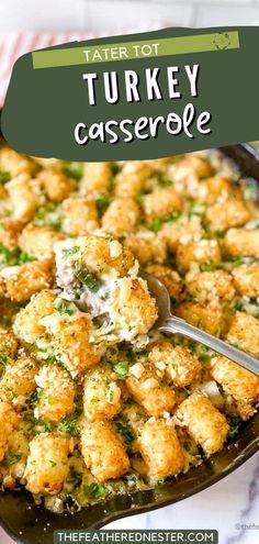 tater tot turkey casserole in a black dish with a serving spoon