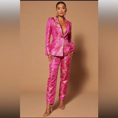 Fashion Nova / Novaluxe 2 Piece Pink Embroidered Print Pants Suit (Nwt) Size: Large / Item# 880-20 Chic Pink Sets For Evening, Pink Fitted Suit For Parties, Pink Fitted Suits For Party, Pink Suits For Spring Evening, Chic Fitted Pink Sets, Pink Spring Party Suit, Chic Pink Party Sets, Pink Long Sleeve Pantsuit For Evening, Pink Long Sleeve Sets For Night Out