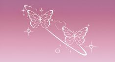 two butterflies flying in the sky with stars and circles around them on a pink background