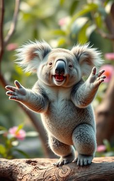 a koala is standing on its hind legs and arms with his mouth wide open