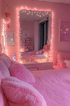 a bedroom with pink walls and lights on the mirror above the bed is lit up by fairy lights