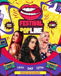 the poster for festival pop line featuring two women and an old school radio cassette player