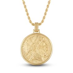 This mystical men's amulet necklace features a depiction of the ancient mythological figure, Zeus. Fashioned in 14K gold-plated sterling silver, the 24-inch rope chain secures in place with a lobster clasp. The signature "E" is stamped on the clasp to identify each piece as part of the 1933 by Esquire men's collection. Ancient Style Engraved Gold Necklace, Collectible Engraved Yellow Gold Coin Necklace, Gold Ancient Style Engraved Necklace, Engraved Yellow Gold Coin Necklace Collectible, Ancient Style Gold Engraved Necklace, Ancient Style Engraved Yellow Gold Necklaces, Ancient Style Medallion Necklace In Yellow Gold, 14k Gold Medallion Necklace With Rope Chain, Engraved 14k Gold Amulet Medallion Necklace