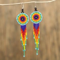 a pair of colorful beaded earrings hanging from a wire