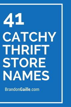 the words catchy thrift store names are in white on a blue square frame