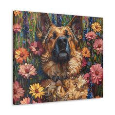 a painting of a dog laying in flowers