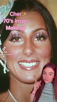 Disco Aesthetic 70s Makeup, Cher Make Up 70s, 70s Cher Makeup, Easy 70s Makeup Look, Cher Eye Makeup, Cher Makeup 70s Tutorial, 1970s Makeup And Hair, 70s Hair And Makeup 1970s Make Up, Soul Train Makeup