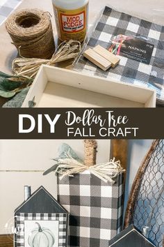 the diy dollar tree fall craft is made with buffalo plaid fabric and twine