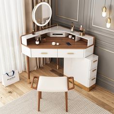 a white desk with a mirror and stool