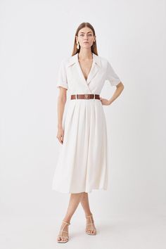 An Ode To Sophistication And Timeless Design, Soft Tailoring Immerses This Dress With Short Sleeves, A Notched Collar And Waist Belt Adding Touches Of Refinement Above And A Graceful Skirt That Flows To A Midaxi Hemline Below. Perfect For Emanating Poise At Professional Events And Special Occasions Alike.Soft Tailoringshort Sleevednotched Collar And Waist Belt One Piece Dress With Belt, Belt On Waist Outfit, Professional Summer Dresses, Waist Belt Outfit Dress, Summer Work Dresses Office Wear, Belt Styling, Professional Dresses For Work, Tailored Chic, Elegant Shirt Dress