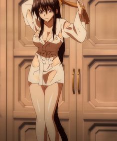 an anime character holding a tennis racquet over her head while standing in front of a door