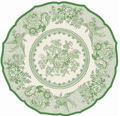 a green and white plate with flowers on it