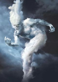 a digital painting of a man running in the sky with clouds around him and his hands out