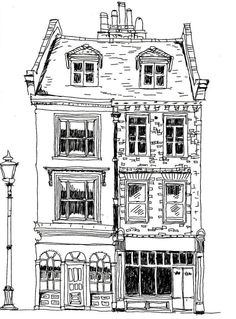 an ink drawing of a building with windows and shutters on the front, next to a street lamp