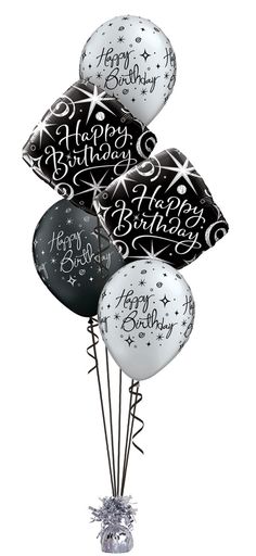 black and white balloons with happy birthday written on them