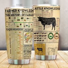 two stainless steel tumblers with farm info on them