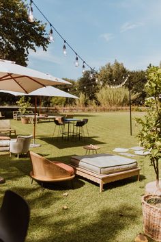 an outdoor seating area with chairs, tables and umbrellas on the grass in front of trees