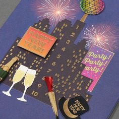 new year's eve greeting card with champagne flutes and fireworks in the cityscape