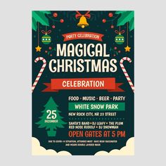 a christmas party flyer with candy canes and bells on it, including the words magic christmas