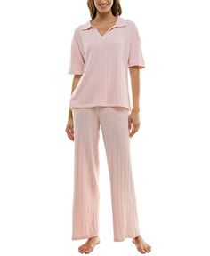 in stock Pink V-neck Sets For Pajama Party, Pink V-neck Pajama Party Set, V-neck Spring Pajama Party Sets, Spring Lounging V-neck Sets, Spring Lounging Sets With V-neck, Pink Daywear Set With Long Pants, Spring Collared Loungewear Bottoms, Matching Set Loungewear With Short Sleeves, Short Sleeve Matching Sets For Loungewear