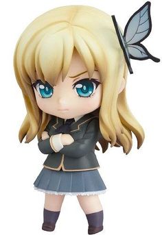 an anime character with blue eyes and blonde hair, wearing a black jacket and skirt