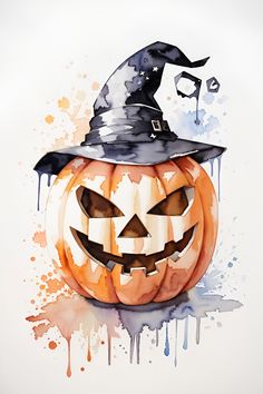 a watercolor painting of a pumpkin wearing a witches hat