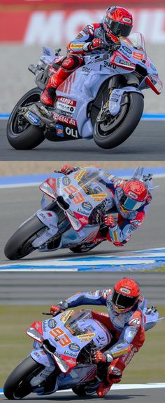 three different shots of a person riding a motorcycle on a race track, one in the process of making a turn