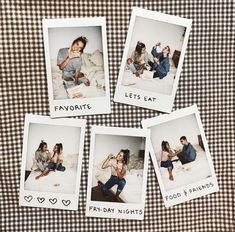 four polaroid pictures of people sitting on a bed