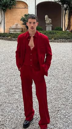 Mens All Red Outfit, Aesthetic Red Outfits Men, Red Prom Outfit Men, Red Suit Men Aesthetic, Red Outfit Aesthetic Men, Red Suit Men, Red Moodboard, Prom Men, High Fashion Men