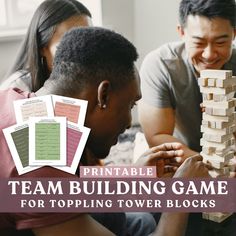 two men and a woman playing a game with wooden blocks on the table in front of them