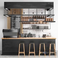 an empty coffee shop with stools in front of the counter and shelves on the wall